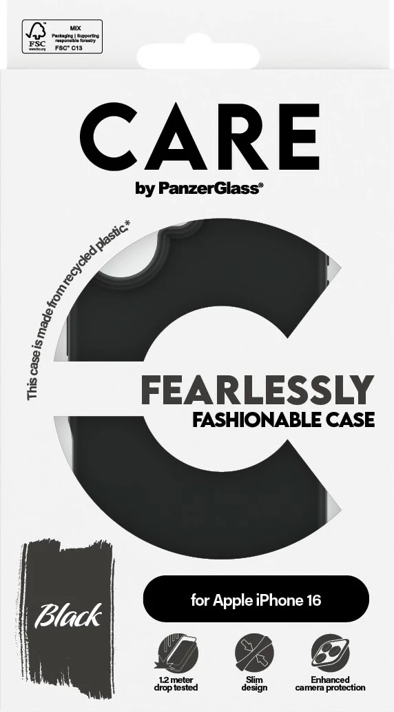 Mbështjellës PanzerGlass CARE Case Fashion iPhone 16, silikon, i zi