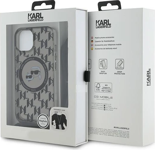 Mbështjellës Karl Lagerfeld IML Crossbody Monogram Karl & Choupette Head MagSafe për iPhone 15/14/13, i zi