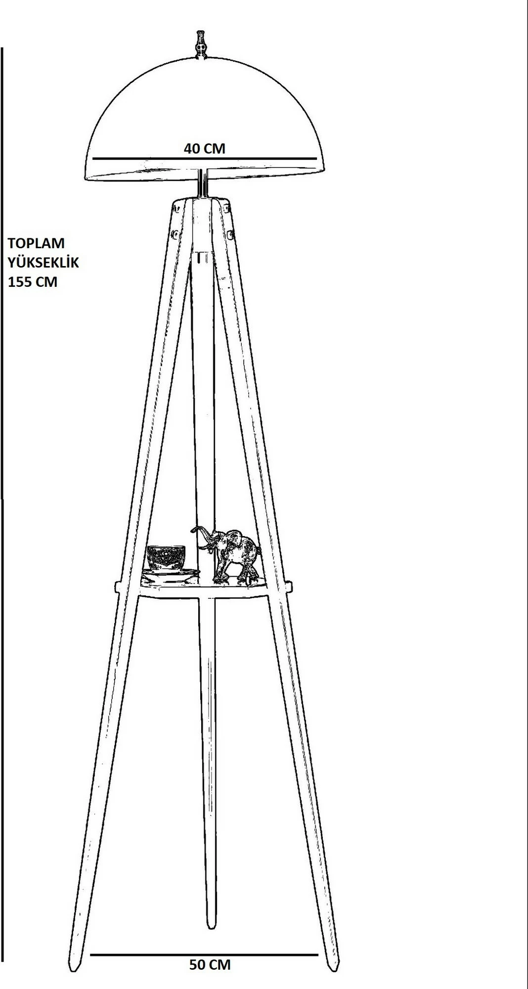 Llambë dyshemeje tripod me raft, ngjyrë e zezë, Opviq, retro, e madhe