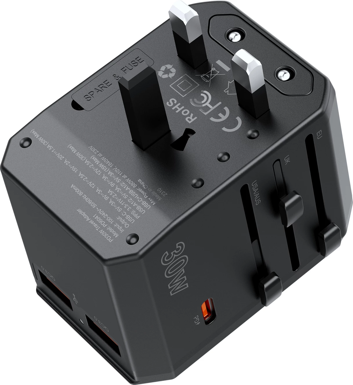 Karikues udhëtimi Choetech PD6041, 30W, 3 porta USB-C/USB-A, 4 priza ndërkombëtare, Zi