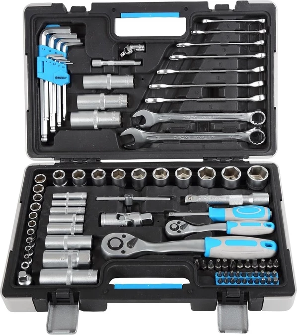 Set çelësash me racetë MEGA 58091, 91 copë, 1/2\" + 1/4\", zi/kaltër