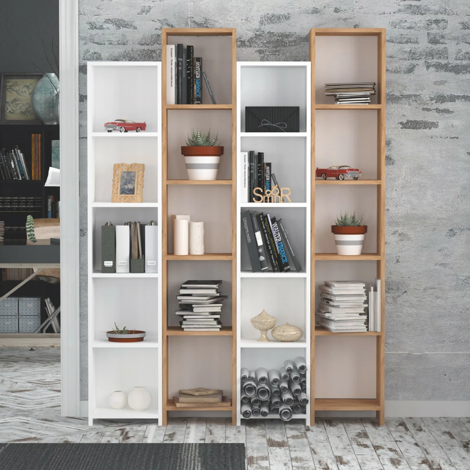 Raft librash Hanah Home, Semm, ngjyrë lis dhe e bardhë, 4 copë