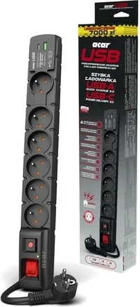 Prizë me mbrojtje Acar S6 USB A+C, 6 dalje, 3m, e zezë