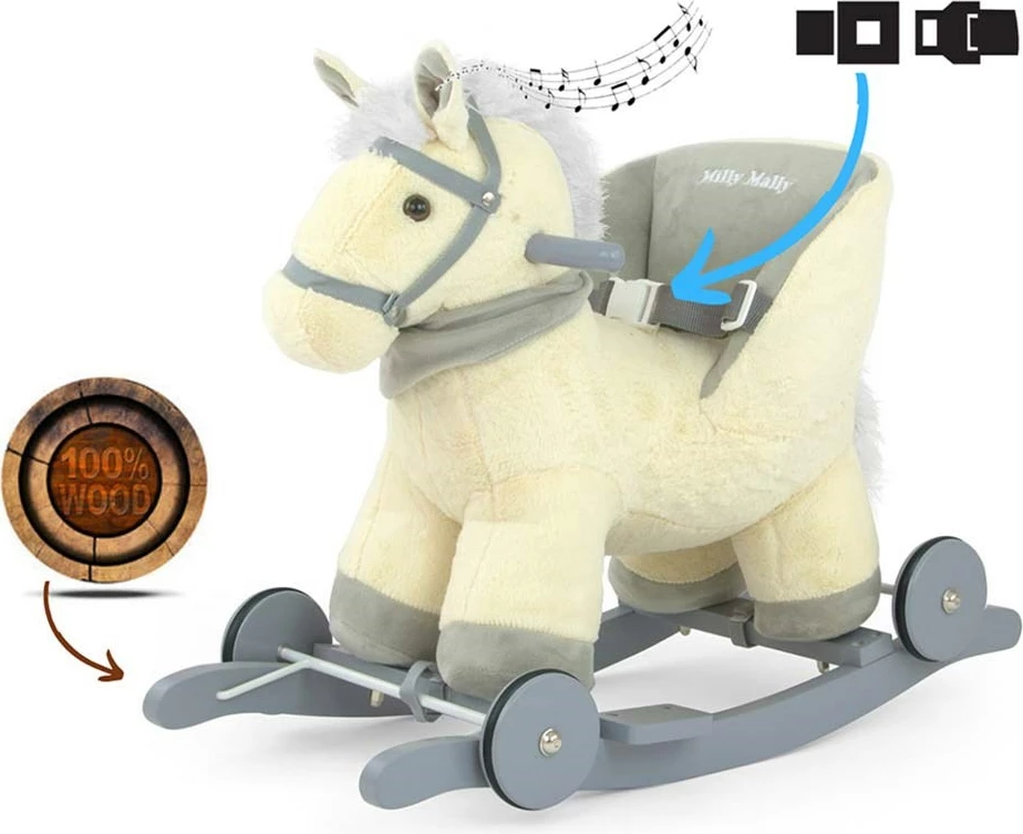 Kalë lëkundës 2-në-1 me melodi dhe rrota, Milly Mally, Polly, karrige me rripa sigurie, deri 30 kg, 12–36 muaj, bezhë