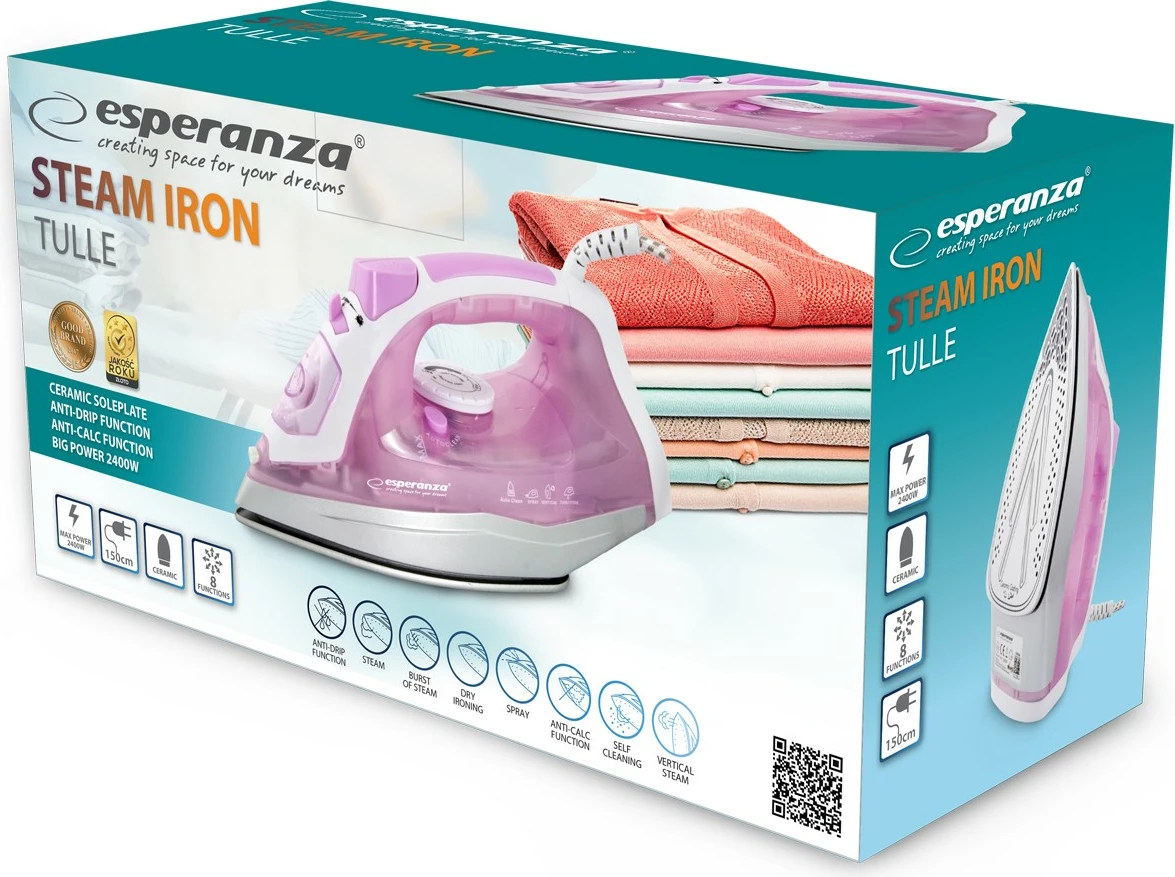 Hekur me avull Esperanza Tulle Ceramic EHI004, 2400W, Rozë