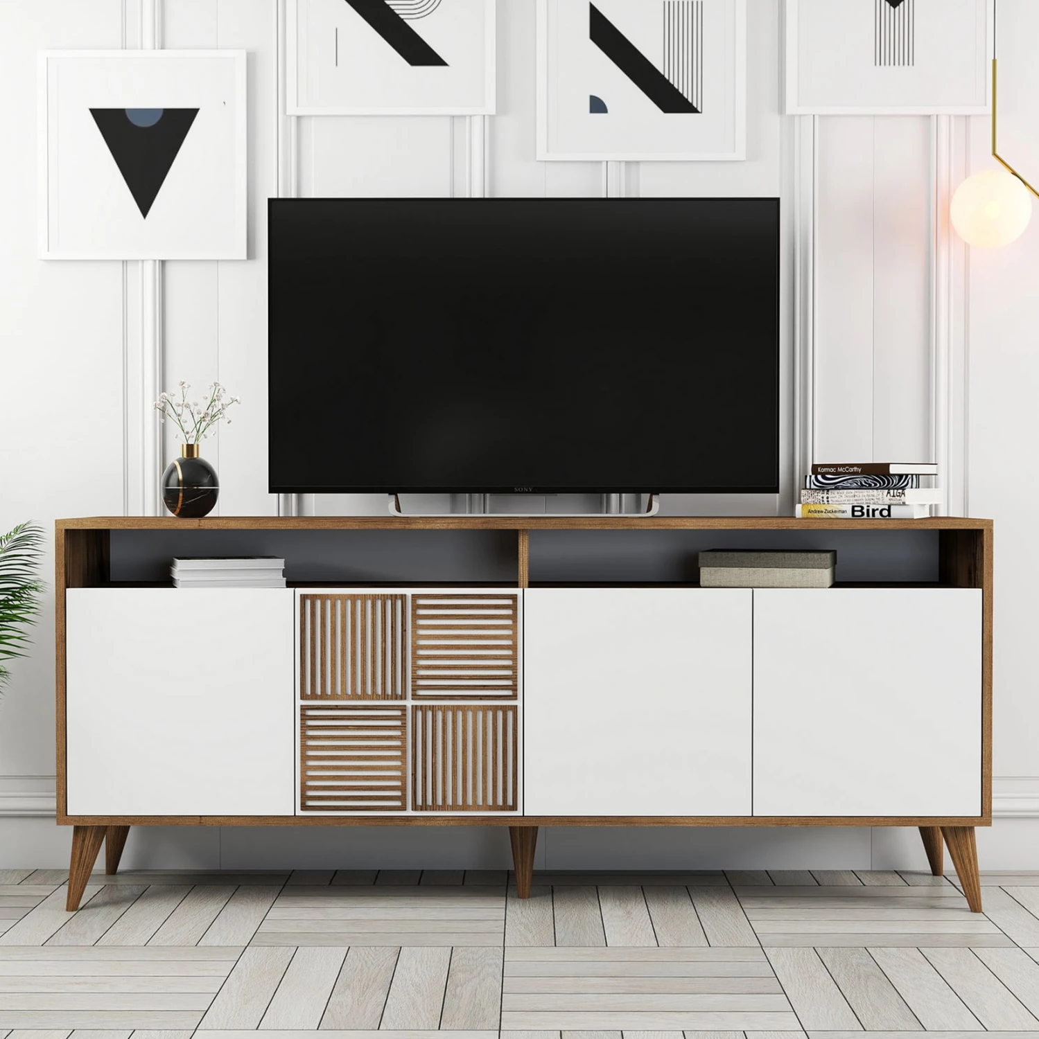 Bufe melamine në ngjyrë arre me dyer të bardha 180x35x78.6Hcm.FH9431.02