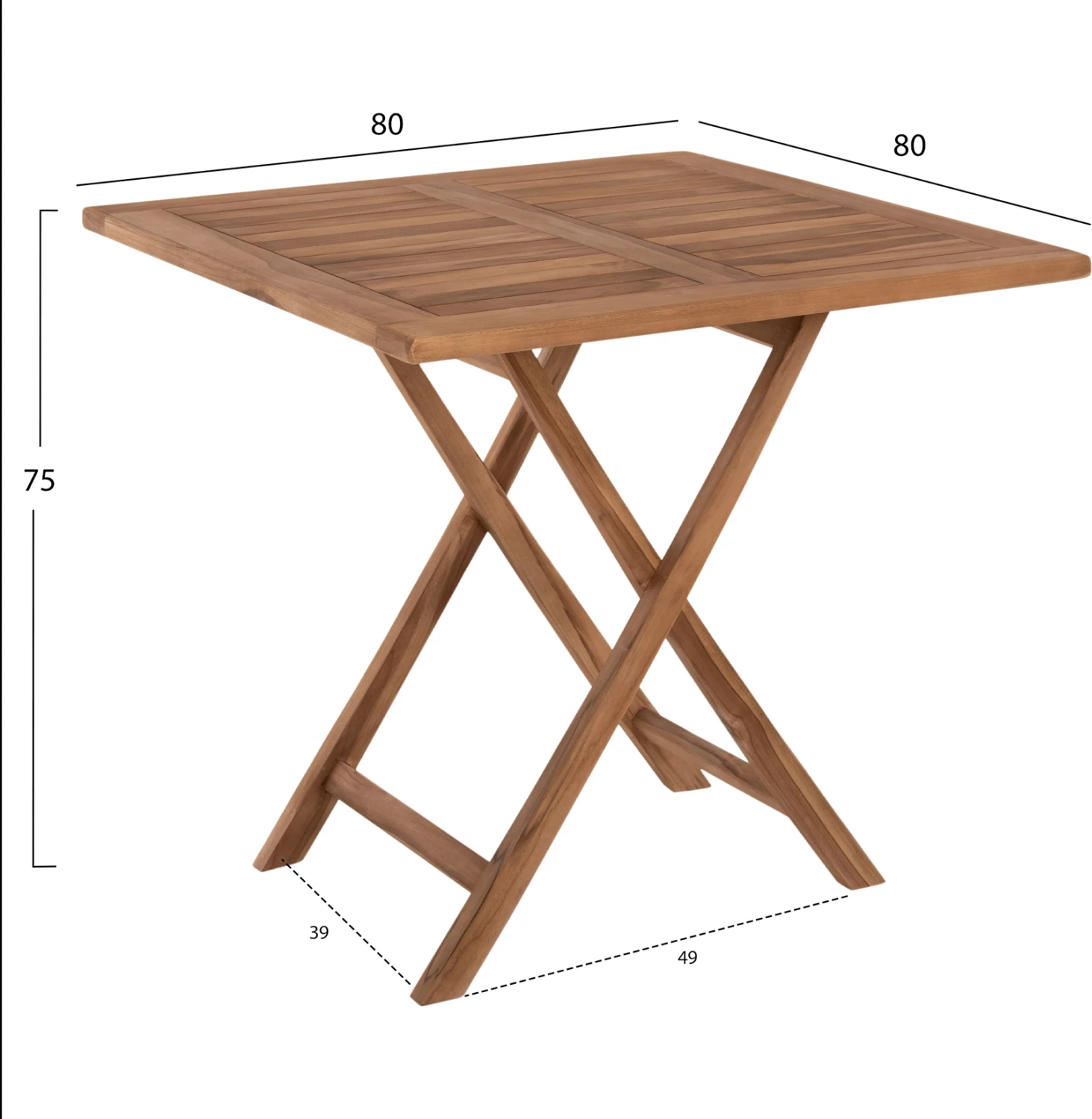 Tavolinë katrore për ngrënie jashtë, e palosshme, dru teak, ngjyrë natyrale, KENDALL FH9544, 80x80x75 cm