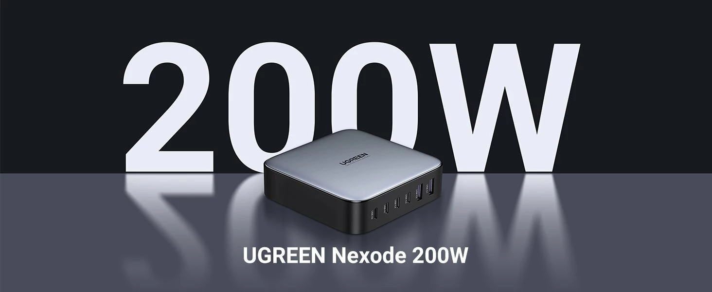 Karikues rrjeti Ugreen Nexode 40914 GaN 200W 2x USB-A + 4x USB-C, 5A, kabllo 2 m, zi/gri