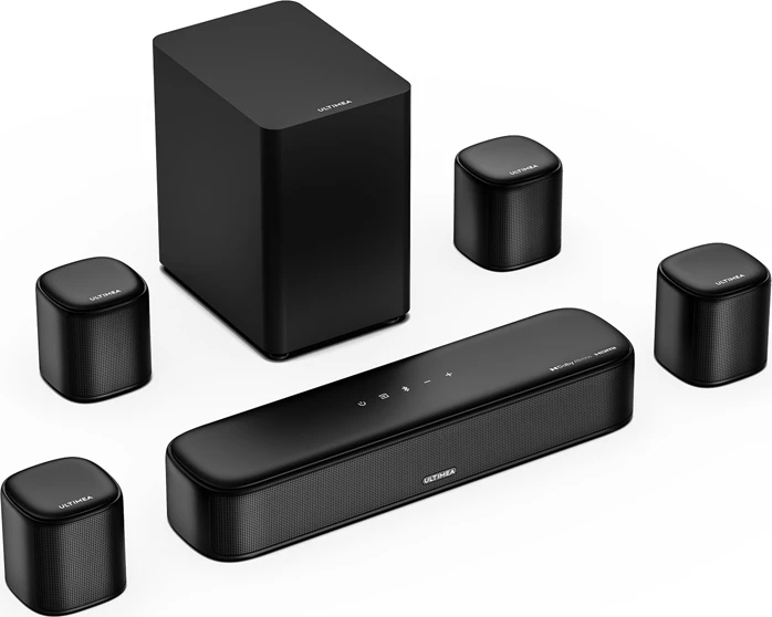 Soundbar Ultimea Aura A60 7.1 Dolby Atmos 350W Bluetooth 5.3, e zezë, set me subwoofer + 4 altoparlantë