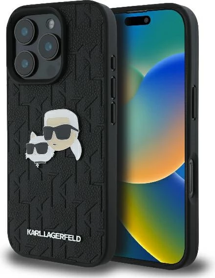 Mbështjellës Karl Lagerfeld Monogram Karl & Choupette Head Pin për iPhone 16 Pro Max, i zi