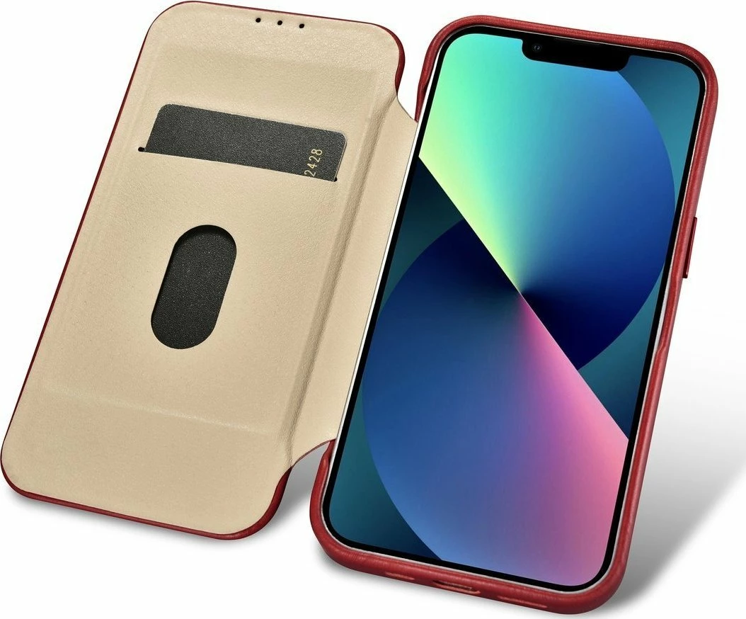 Mbështjellës iCarer CE Oil Wax Premium Leather Folio AKI14220707-RD për iPhone 14 Plus, lëkurë natyrale, me flapa magnetike, MagSafe, kuqe