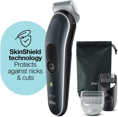 Makinë rroje trupit, Braun BG5350 BodyGroomer Series 5, SkinShield, me 2 krehra + qese mbajtëse, argjendtë/zezë/kafe