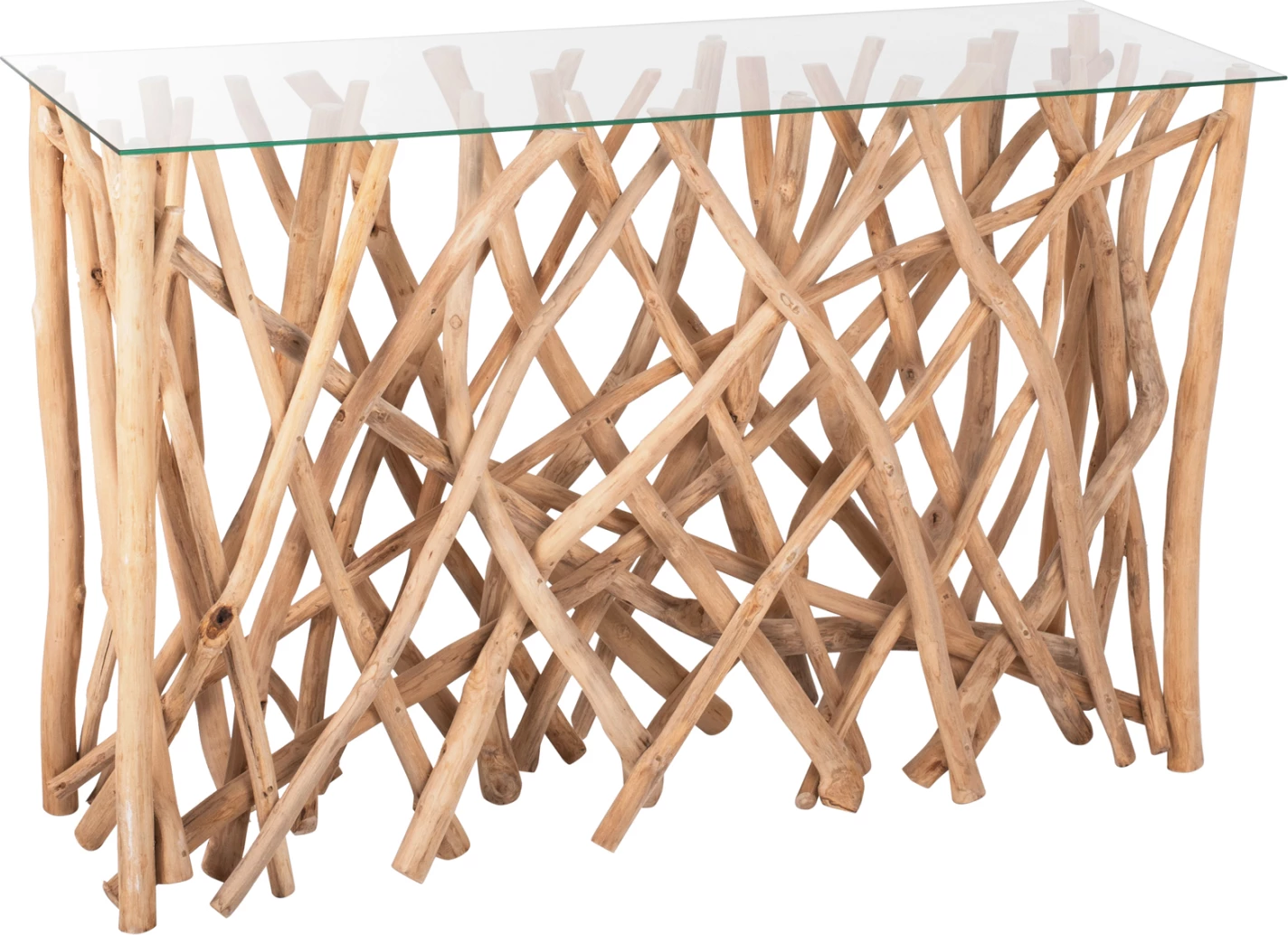 Konsolë në stil rustik, degë teak të ngurta, ngjyrë natyrale & xham, 120x35x75H cm, FH9373
