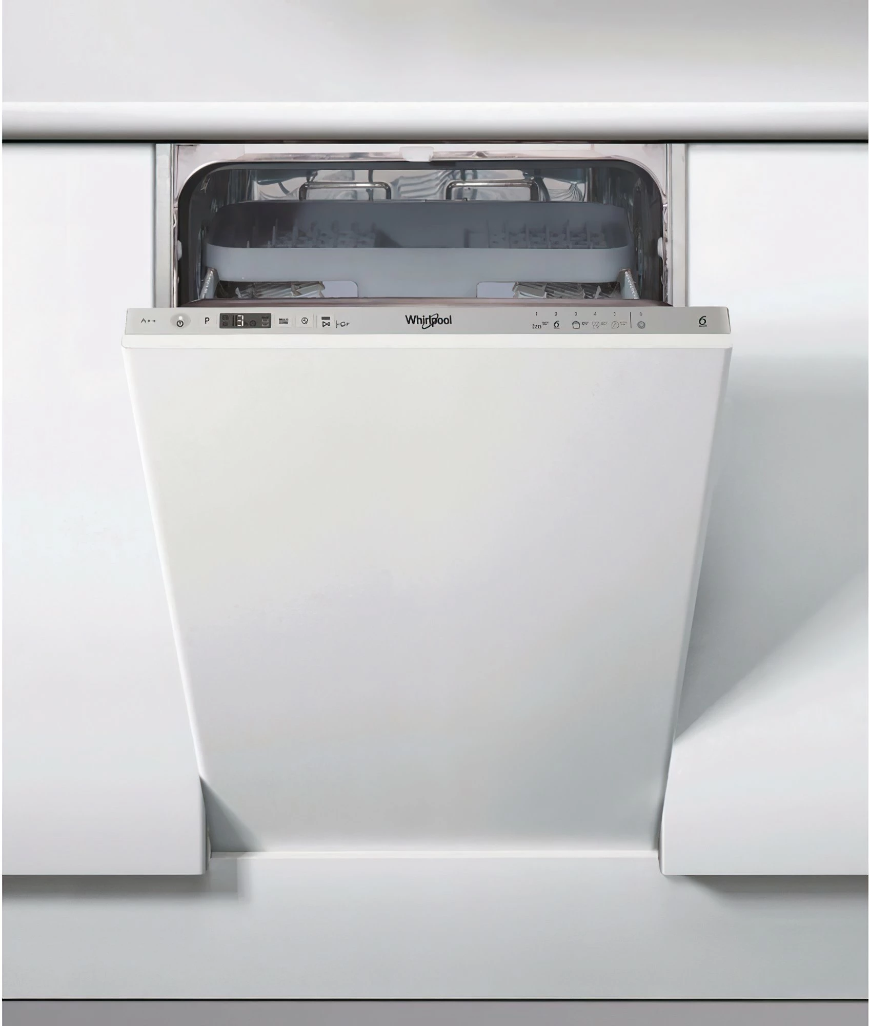 Enëlarëse e integruar plotësisht Whirlpool WSIC 3M27, 45 cm, 10 servise, klasa E, 6th Sense, FlexiSpace, argjendtë