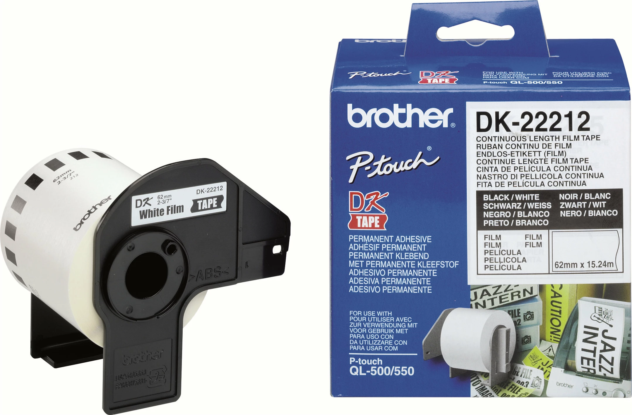 Rrotullë etikete Brother DK-22212, 62mm x 15.24m, e bardhë me të zezë