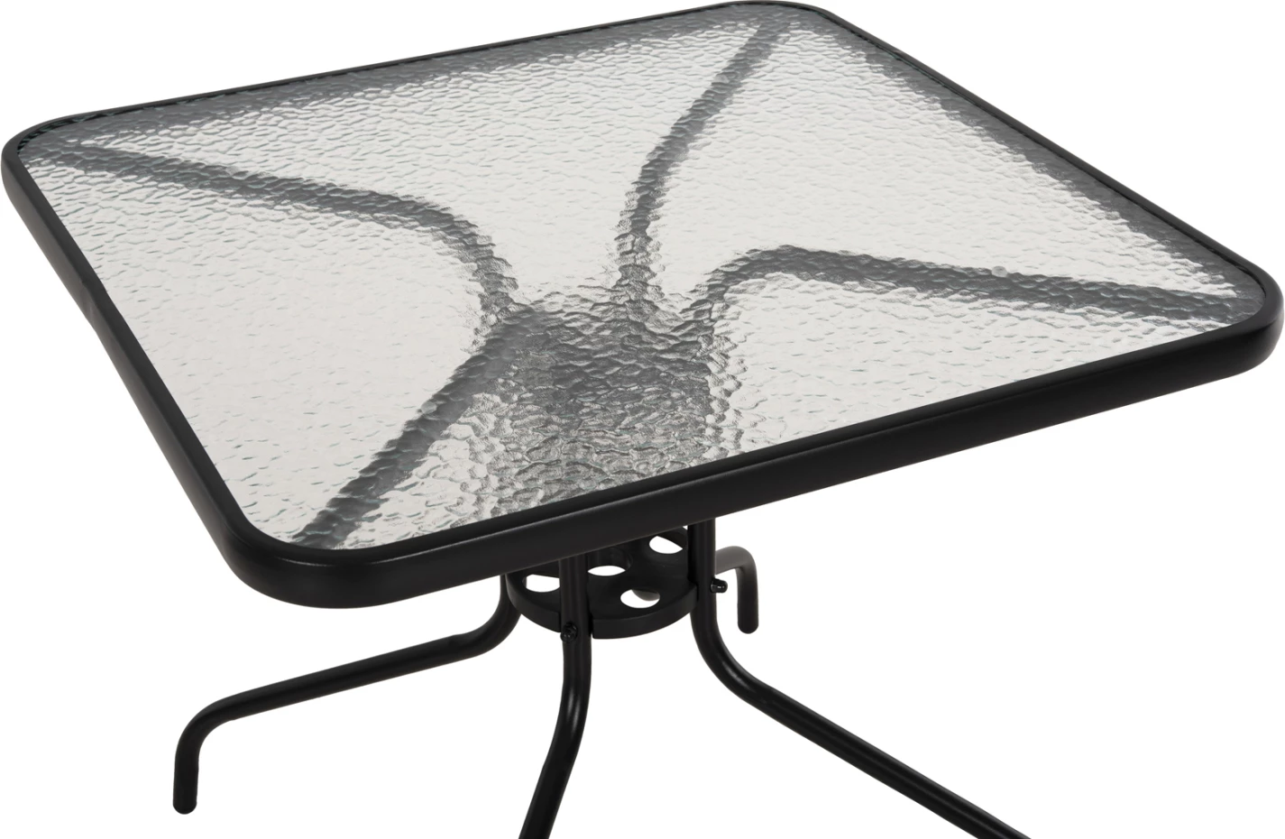 Tavolinë e jashtme katrore FIGO FH5972.03, metalike e zezë me sipërfaqe tavoline prej xhami, 80x80x71 cm