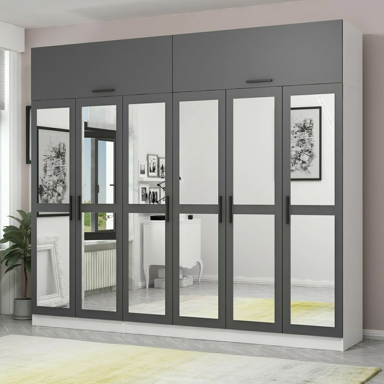 Dollap garderobe Skye Decor, antracit dhe i bardhë, 270x235x52cm, 11 pjesë