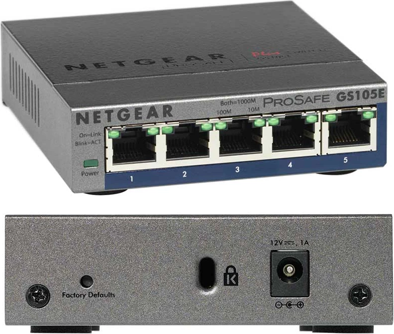Switch, Netgear, GS105E-200PES, 5 porta Gigabit, e zezë