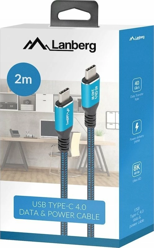 Kabllo USB-C Lanberg CA-CMCM-45CU-0020-BK, USB4 2 m, 240W, 8K@60Hz, 40Gb/s, zi-kaltër