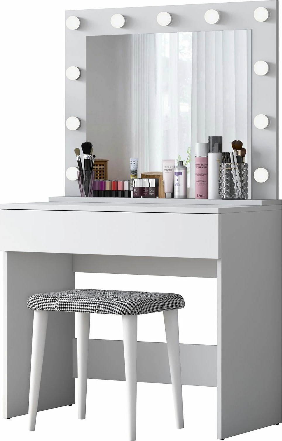 Tavolinë grimi Hanah Home, BJ121 - 2934, e bardhë, me pasqyrë dhe puf