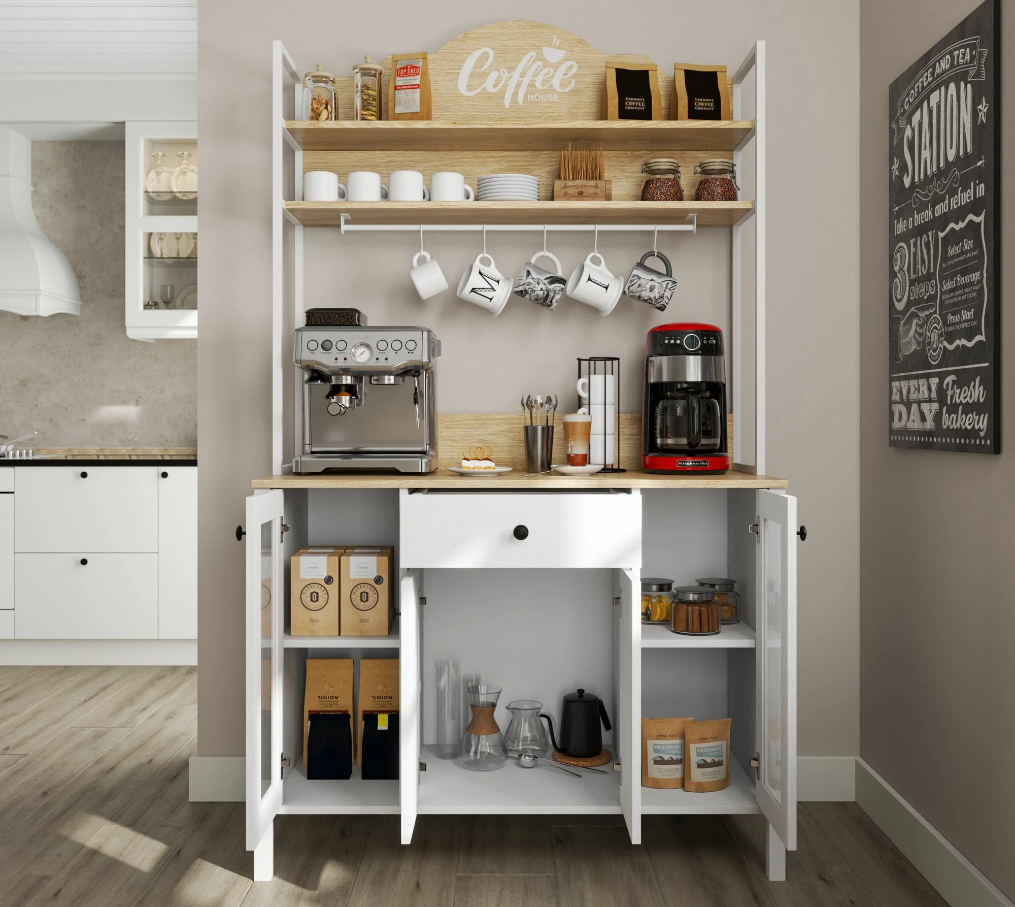 Dollap për kafe, ngjyrë druri dhe e bardhë, Hanah Home, FRN-20075-1