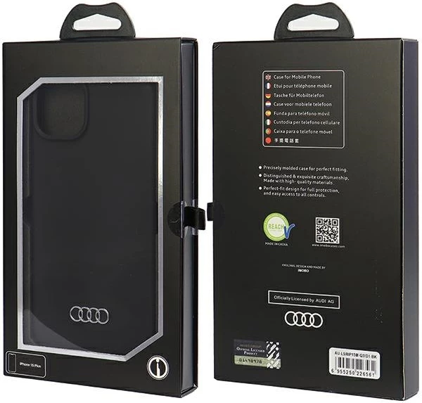 Mbështjellës Audi për iPhone 15 Plus, silikon, i zi