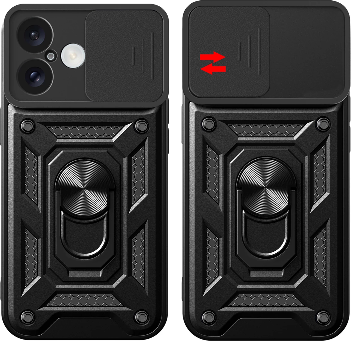 Mbështjellës Hurtel Hybrid Armor Camshield për iPhone 16, me mbulesë kamere dhe qëndrim, i zi