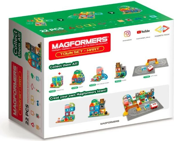 Set lodrash ndërtimi magnetike Magformers Town Set Market, 22 pjesë, shumëngjyrëshe