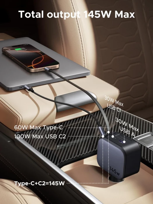 Karikues makine UGREEN 55910B 145W me kabllo USB-C të integrume (tërheqëse), 1x USB-C + 1x USB-A, Space Grey