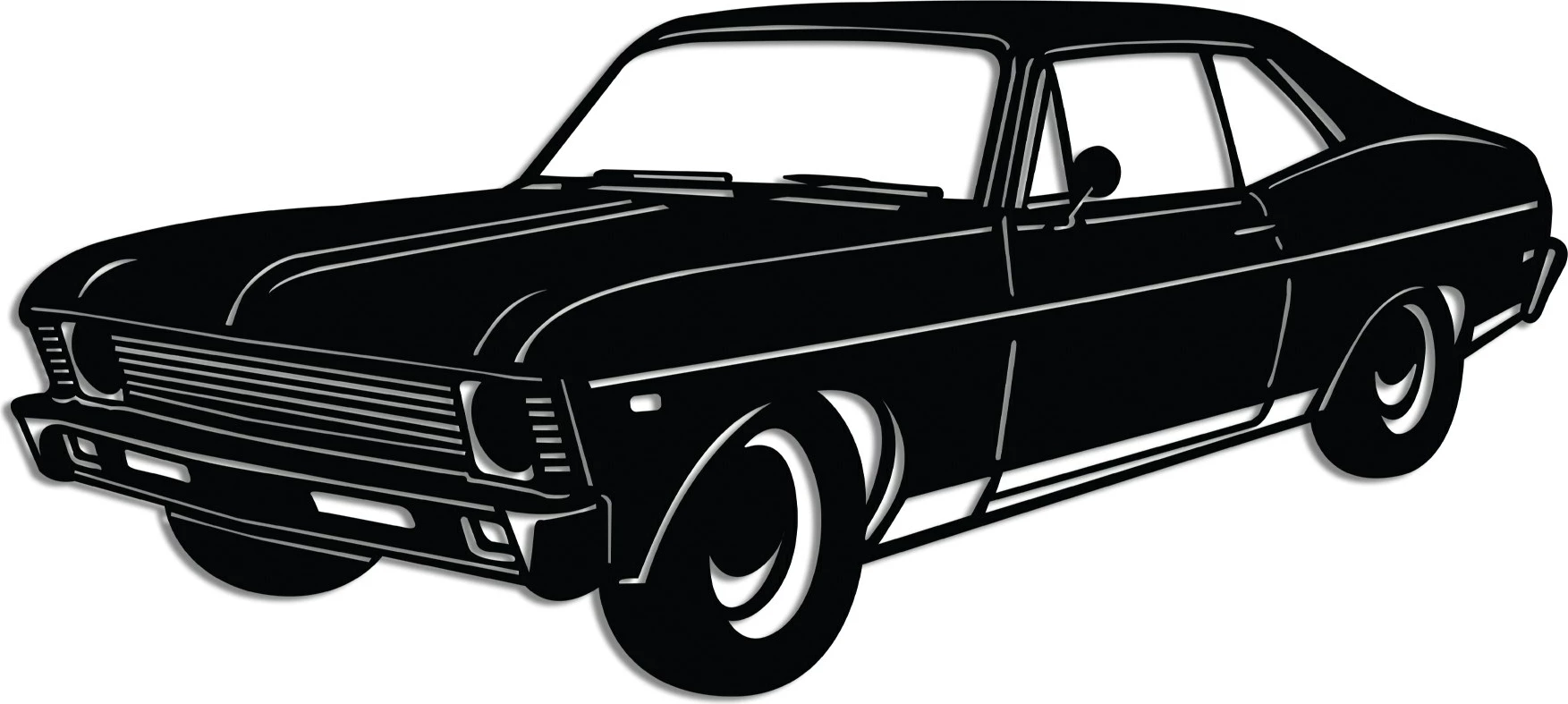 Aksesor dekorativ metalik për mur, Chevrolet Nova 1972, sedan klasik, ngjyrë e zezë, 60x27cm