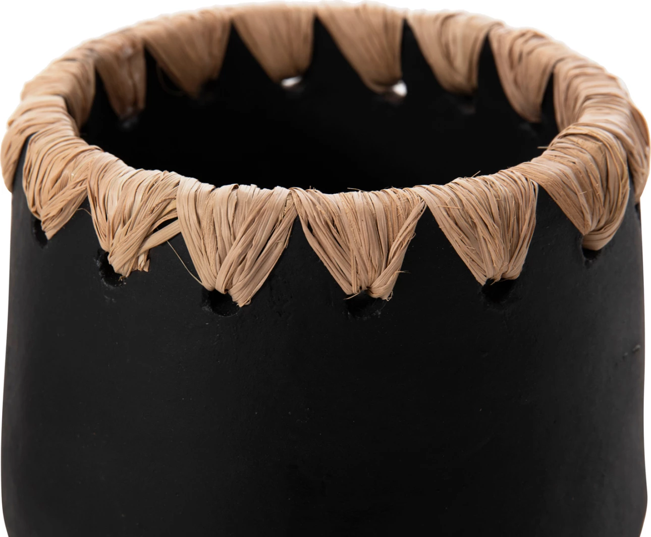 Vazo dekorative FH4368 terrakote, ngjyrë e zezë me thurje kashte në buzë, Φ13x16H cm