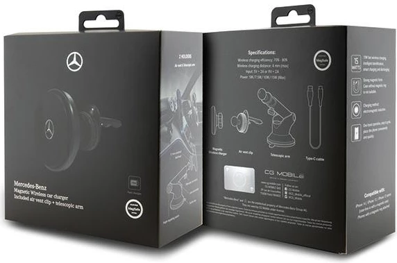 Mbajtës magnetik Mercedes Silver Star MagSafe për veturë, karikim wireless, i zi