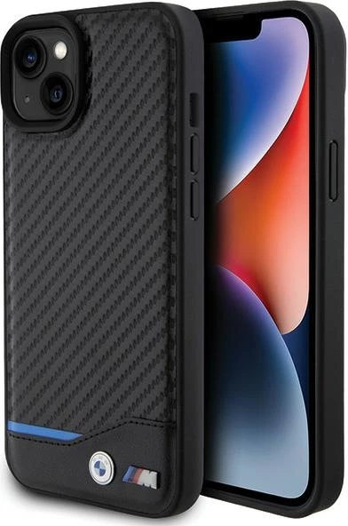 Mbështjellës BMW Leather Carbon për iPhone 15 Plus, i zi