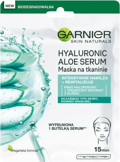 Maskë për fytyrë Garnier Hyaluronic Aloe Serum Revitalizing Sheet Mask për femra, 28g