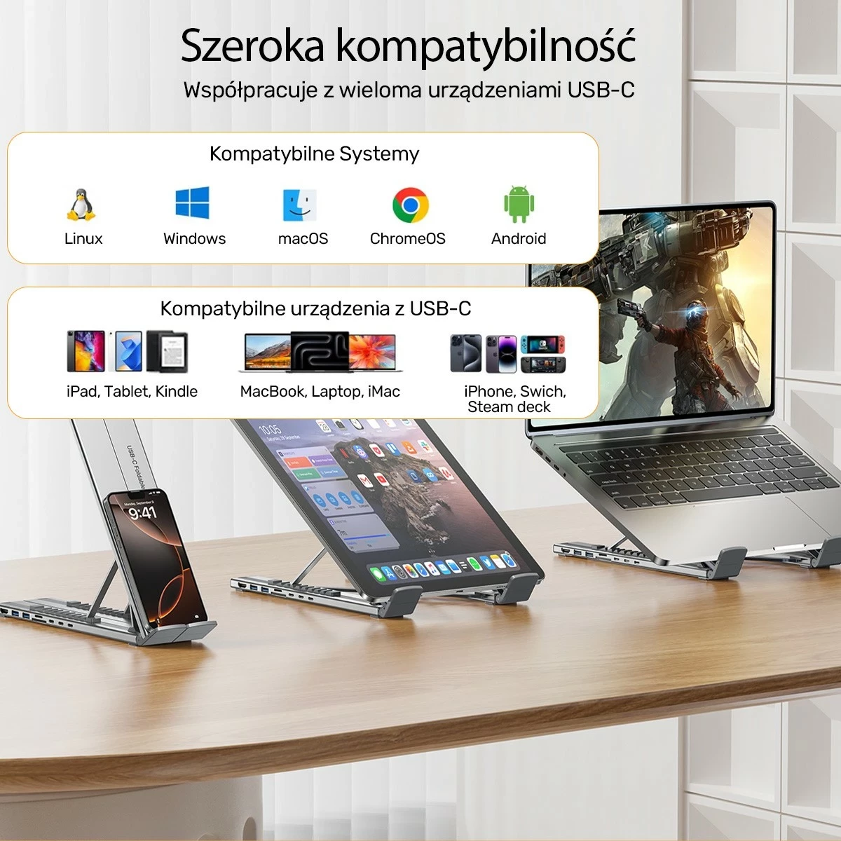 Kasë laptopi Unitek, me hub HDMI/PD/SD, e rregullueshme, ngjyrë argjendtë