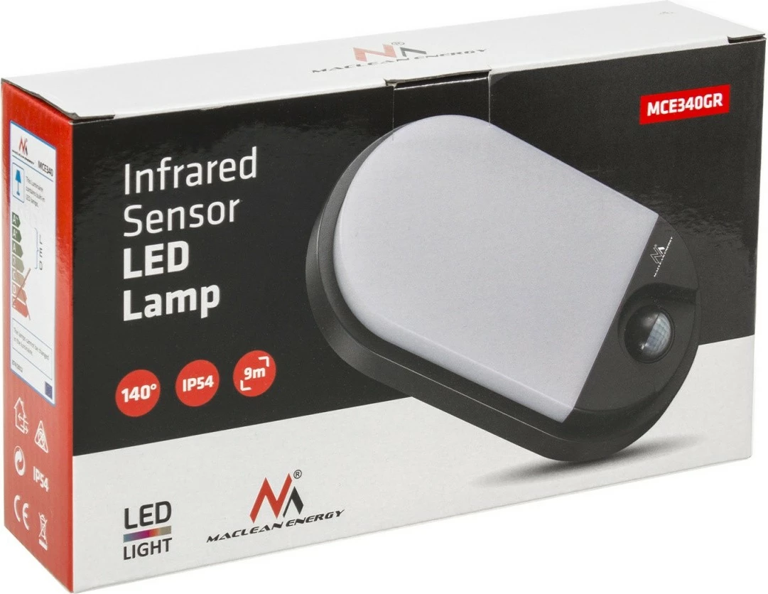 Llampë LED Maclean MCE340 GR me sensor lëvizjeje, 15W, 4000K, gri