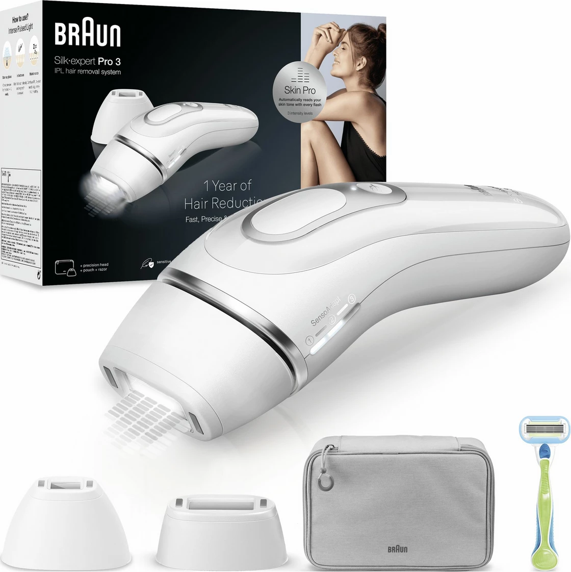 Depilator IPL, Braun, Silk-expert Pro 3 PL3122 / 238410, sensor i lëkurës për intensitet automatik, përdorim në shtëpi, bardhë, set me 2 koka + brisk + çantë