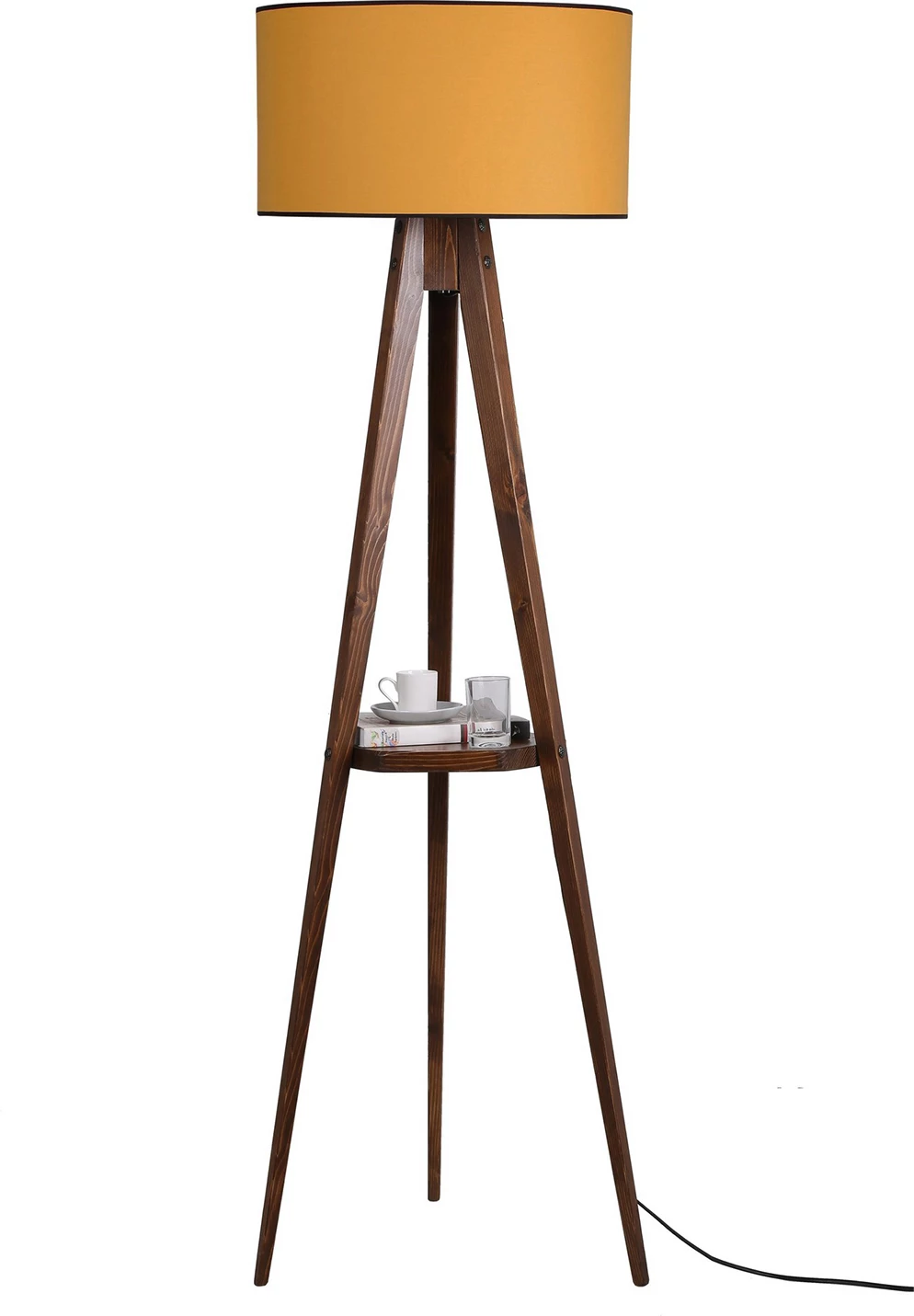 Llambë dyshemeje me tripod, trup druri, raft, abazhuri ngjyrë mustard, Opviq Sehbalı