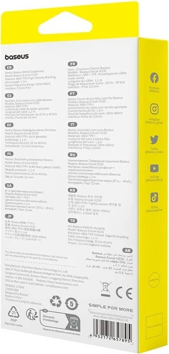 Kufje Baseus Encok HZ20 me kabllo, për thirrje/muzikë, Bardhë