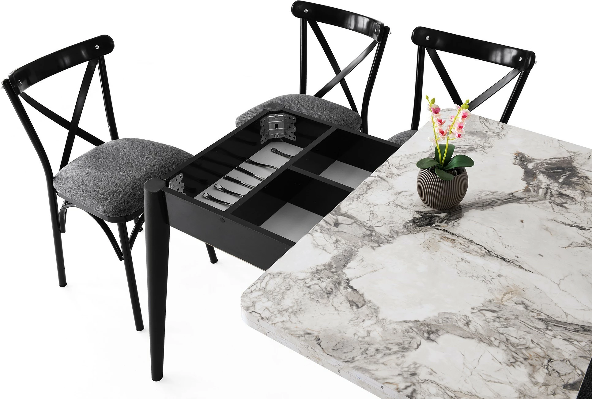 Tavolinë zgjeruese për ngrënie, ngjyrë mermeri të bardhë, Dolunay - 1281