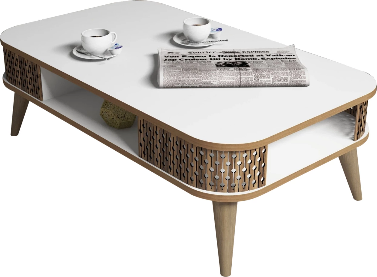 Tavolinë kafeje melamine, ngjyrë e bardhë-arre, FH9501.03, 105x60x34.6H cm