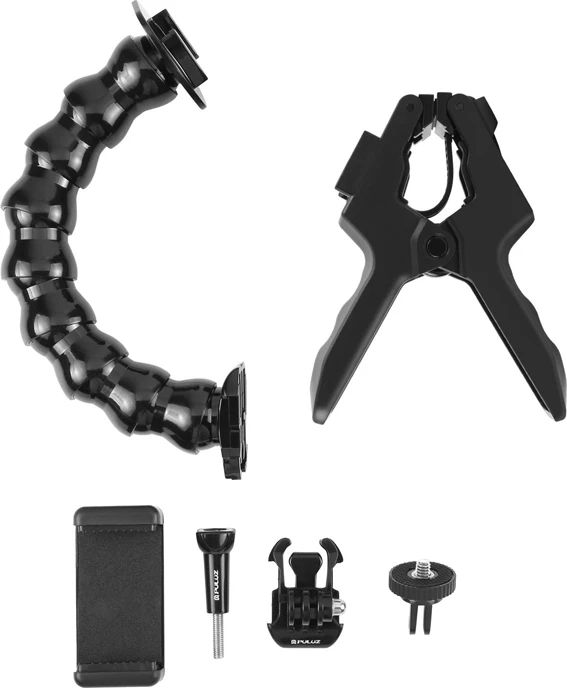 Mbajtëse e rregullueshme me kapëse Puluz PU740B për kamera sportive dhe telefona, e zezë