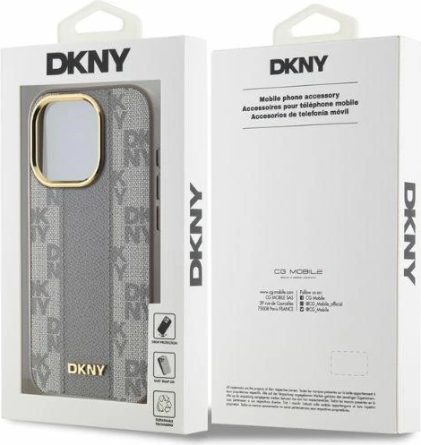 Mbështjellës DKNY Leather Checkered Mono Pattern MagSafe për iPhone 15 Pro Max, Bezhe