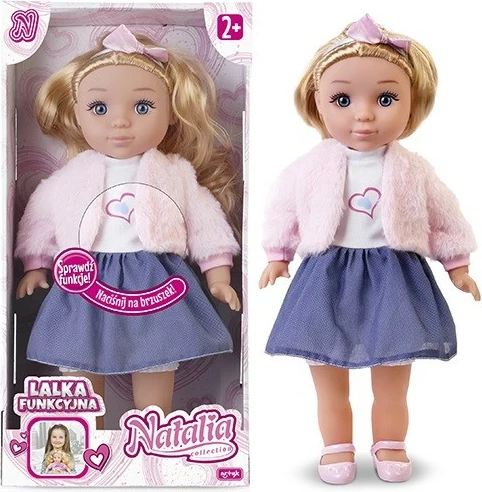 Kukull funksionale Natalia Artyk 36 cm, flokë bionde, fustan kaltër, xhaketë rozë