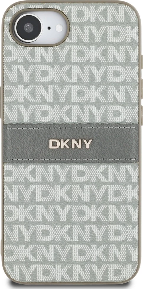 Mbështjellës DKNY Repeat Texture Pattern me shirit dhe logo metalike, për iPhone 16e, Bezhe