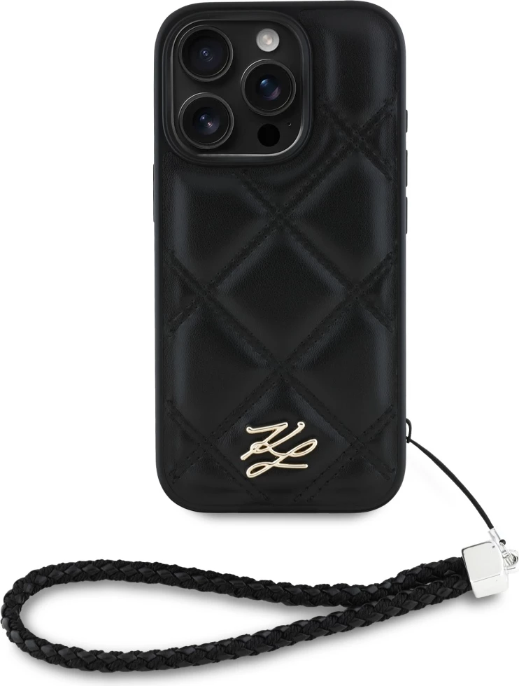 Mbështjellës Karl Lagerfeld Quilted Initial Logo & Chain Strap për iPhone 16 Pro, i zi