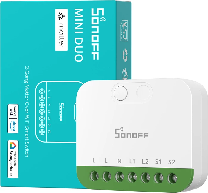 Switch smart dy-kanalësh Matter, Sonoff MINI-2GS, Wi‑Fi 2.4GHz, 2x10A 16A total, i bardhë