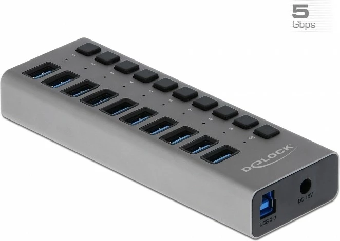 USB hub DeLOCK 10 porta, USB 3.2 Gen 1, alumini, 1m, gri