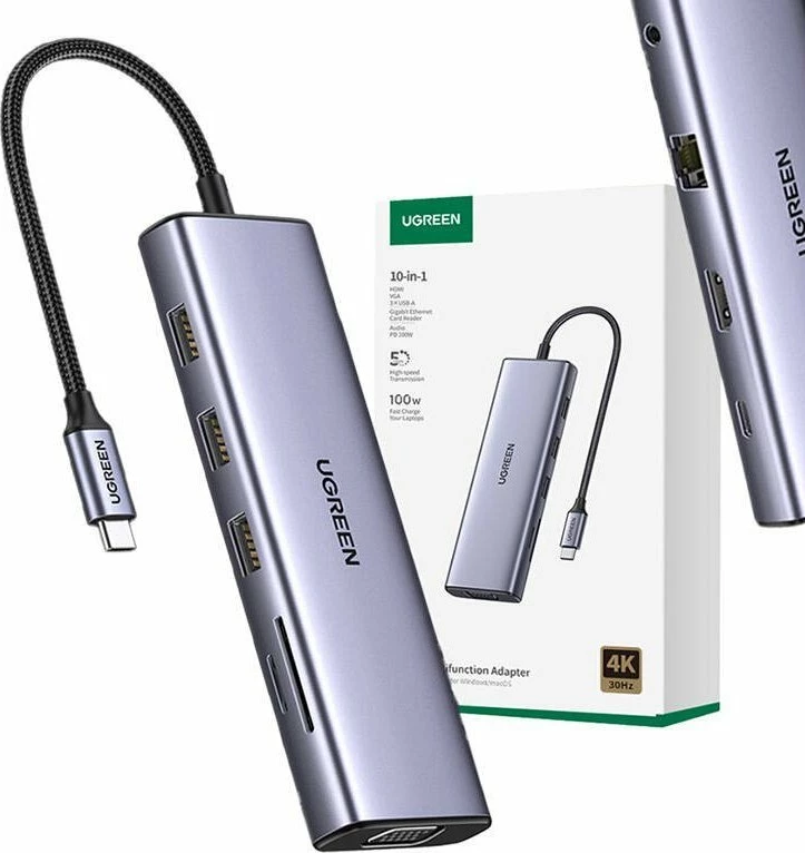 Hub USB-C Ugreen CM498 10n1, 3x USB-A 3.0, HDMI 4K@30Hz, VGA 1080p@60Hz, RJ45 Gigabit, SD/TF, AUX 3.5mm, USB-C PD 100W, gri