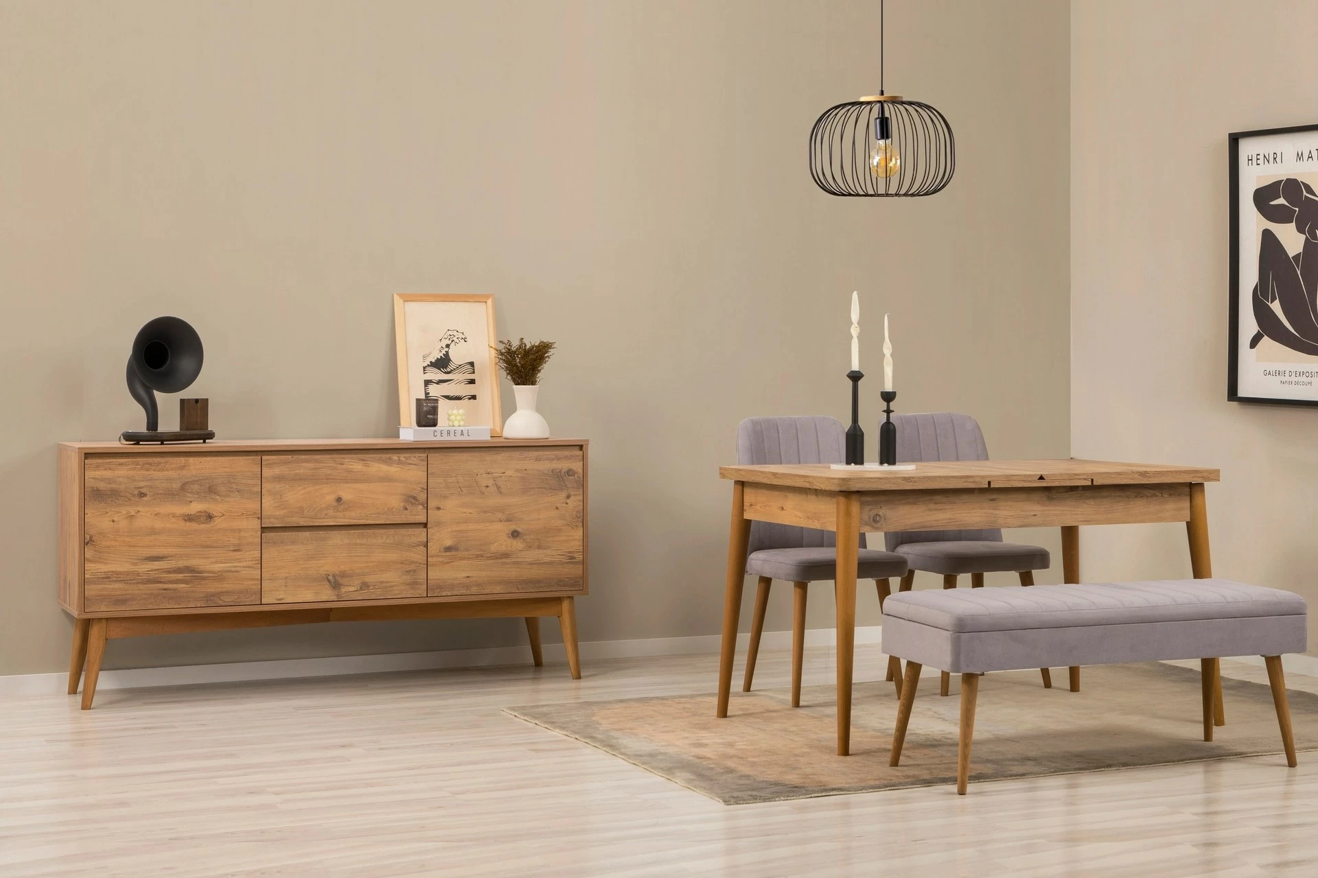 Set tavoline me karrige dhe konsol, zgjatues, 5 pjesë, Skye Decor, Vina 02 0701, ngjyrë lis Atlantik, gri